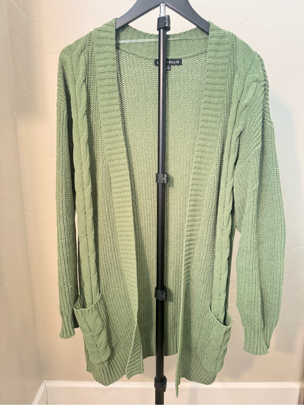 Love Ellie Donovan Chenille Open Cardigan Kelly Green Cable Knit Sweater M